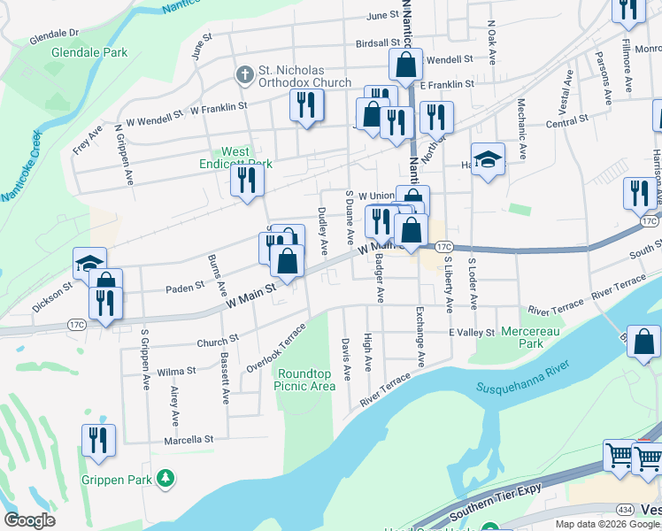map of restaurants, bars, coffee shops, grocery stores, and more near 7 Hillside Court in Endicott