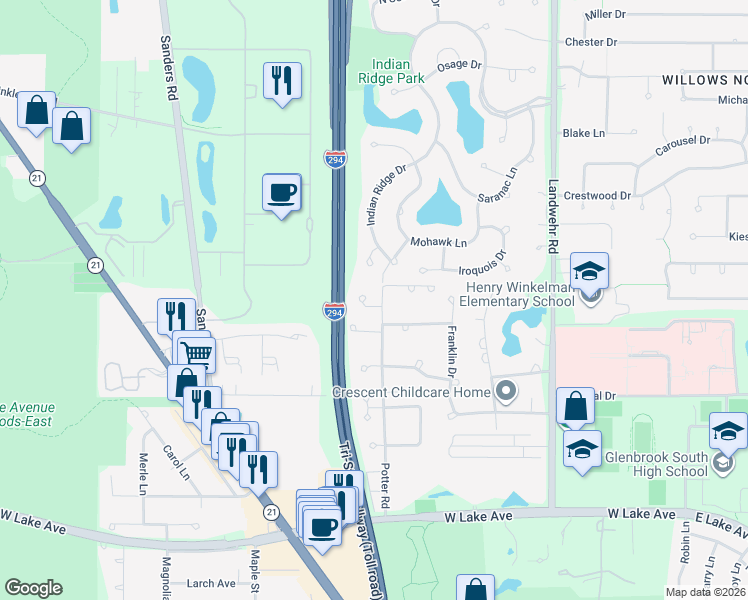 map of restaurants, bars, coffee shops, grocery stores, and more near 4707 Pynsky Road in Glenview