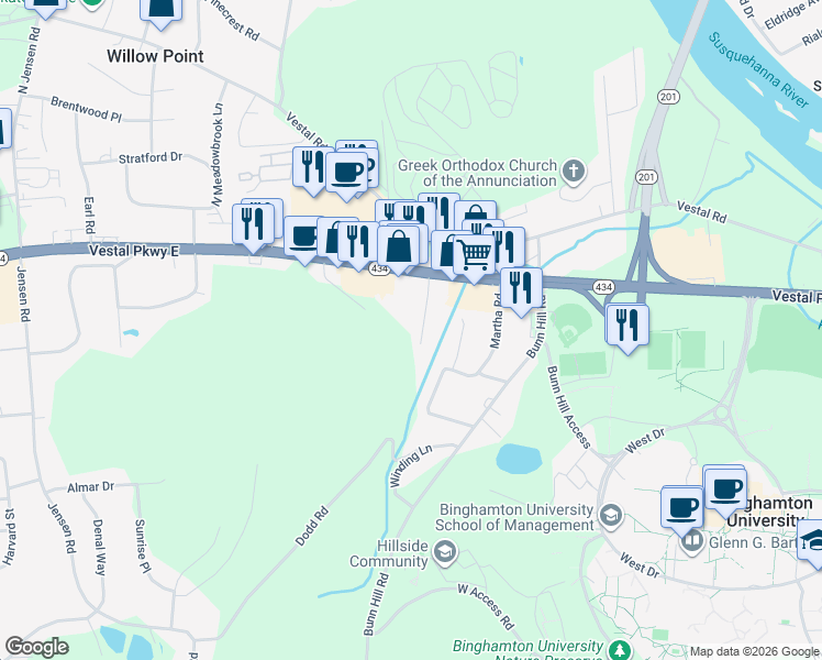 map of restaurants, bars, coffee shops, grocery stores, and more near 132 Annetta St in Vestal