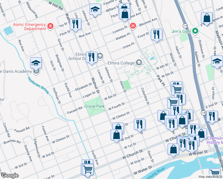 map of restaurants, bars, coffee shops, grocery stores, and more near 710 North Elm Street in Elmira