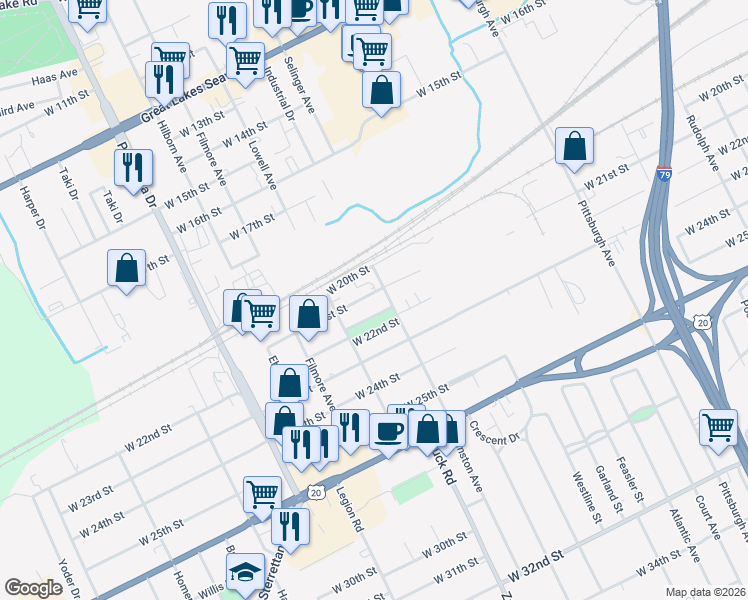 map of restaurants, bars, coffee shops, grocery stores, and more near 2615 W 21st St in Erie