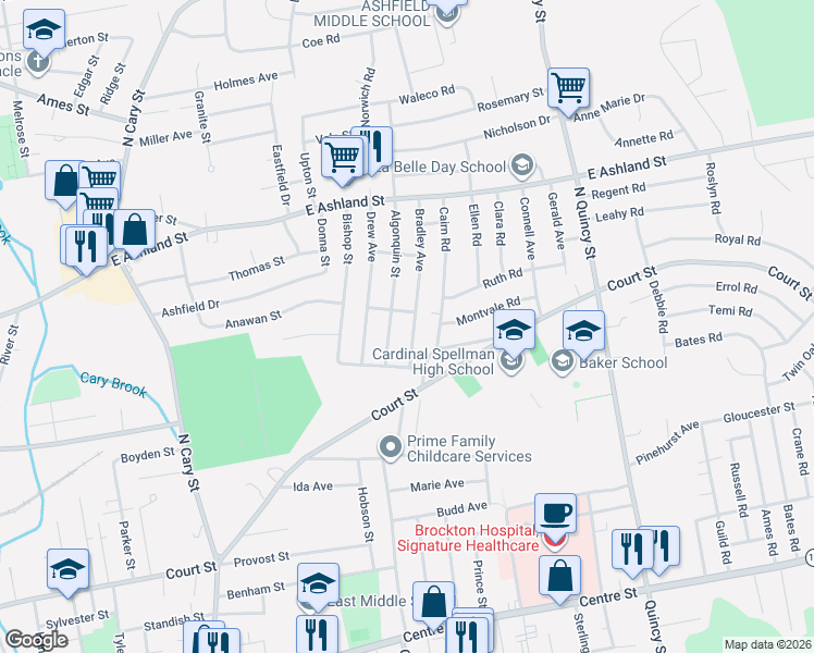 map of restaurants, bars, coffee shops, grocery stores, and more near 41 Bradley Avenue in Brockton