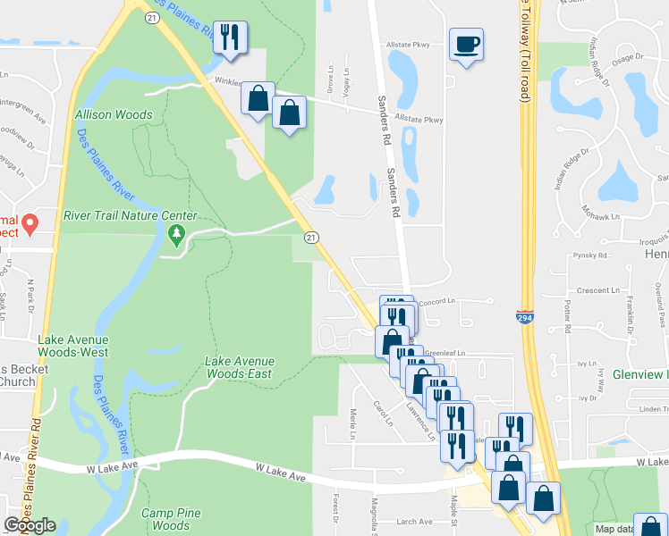 map of restaurants, bars, coffee shops, grocery stores, and more near Illinois 21 & Milwaukee Avenue in Northbrook