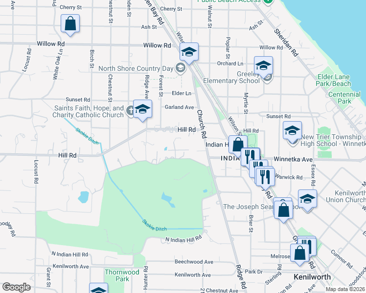 map of restaurants, bars, coffee shops, grocery stores, and more near 3 Indian Hill Road in Winnetka