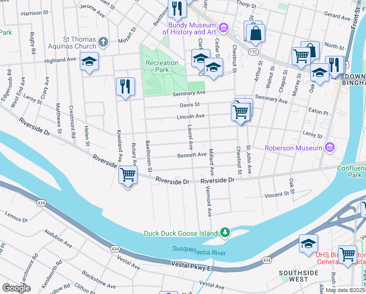 map of restaurants, bars, coffee shops, grocery stores, and more near 41 Lathrop Ave in Binghamton