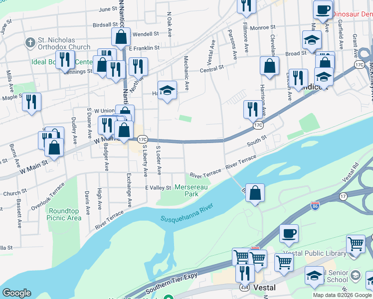 map of restaurants, bars, coffee shops, grocery stores, and more near 400 East Main Street in Endicott