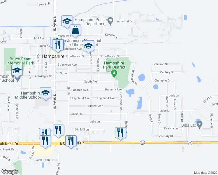 map of restaurants, bars, coffee shops, grocery stores, and more near 334 Panama Avenue in Hampshire