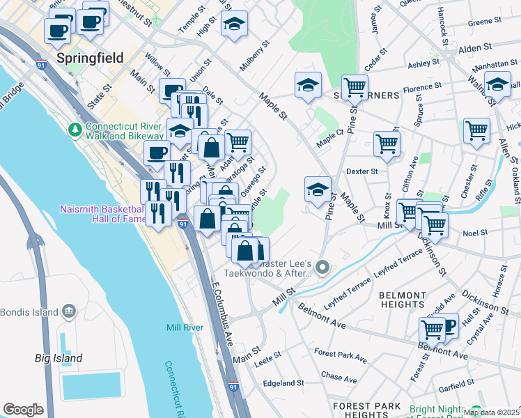 map of restaurants, bars, coffee shops, grocery stores, and more near 57 Marble Street in Springfield