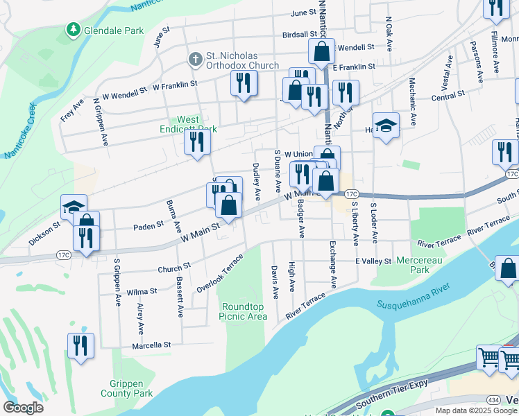 map of restaurants, bars, coffee shops, grocery stores, and more near 1 Hillside Court in Endicott