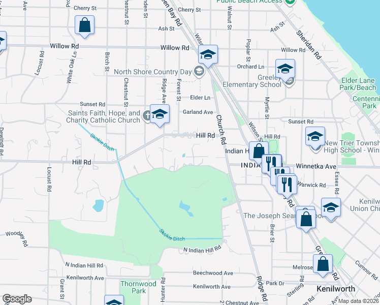 map of restaurants, bars, coffee shops, grocery stores, and more near 6 Indian Hill Road in Winnetka