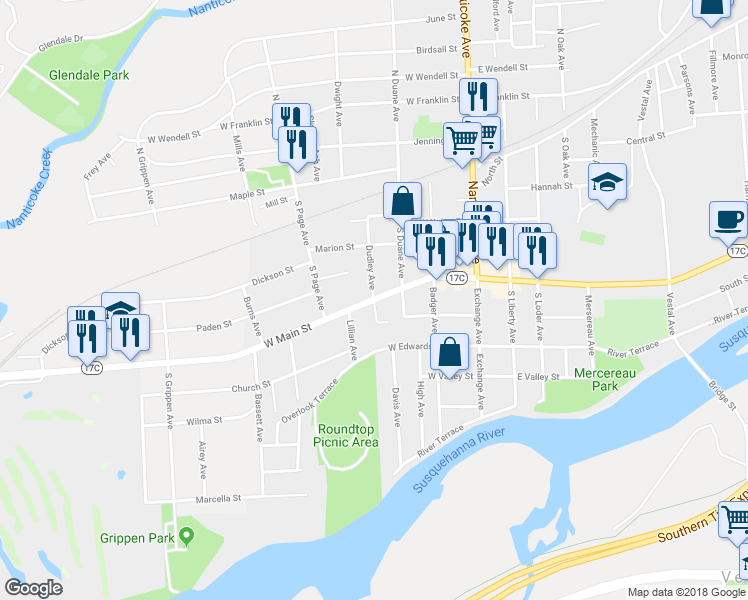 map of restaurants, bars, coffee shops, grocery stores, and more near 400 West Main Street in Endicott
