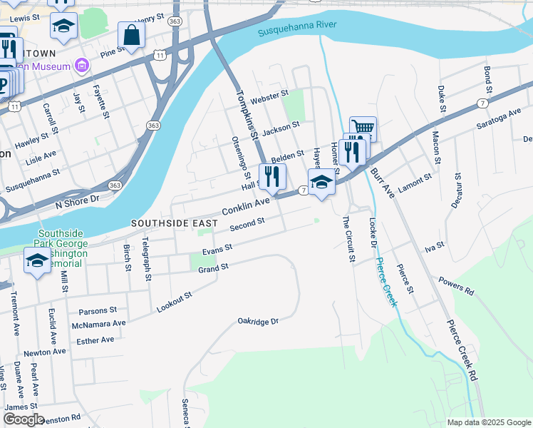 map of restaurants, bars, coffee shops, grocery stores, and more near 39 2nd Street in Binghamton
