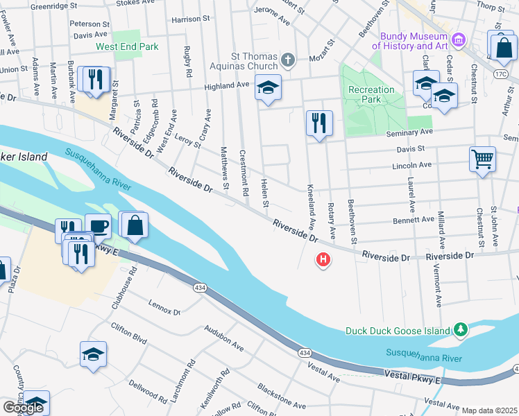 map of restaurants, bars, coffee shops, grocery stores, and more near 222 Riverside Drive in Binghamton