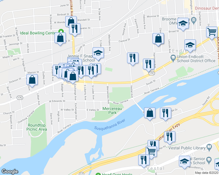 map of restaurants, bars, coffee shops, grocery stores, and more near 314 East Main Street in Endicott