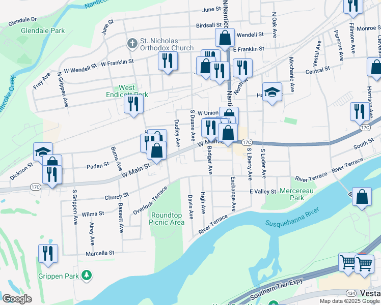 map of restaurants, bars, coffee shops, grocery stores, and more near 304 West Main Street in Endicott