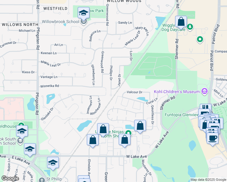 map of restaurants, bars, coffee shops, grocery stores, and more near 2155 Phillips Drive in Glenview