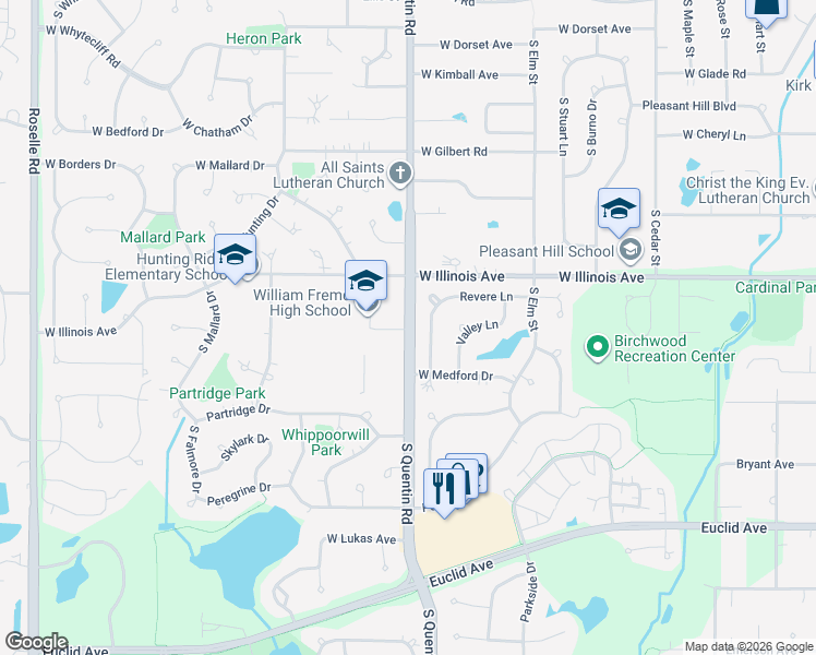 map of restaurants, bars, coffee shops, grocery stores, and more near 840 South Quentin Road in Palatine