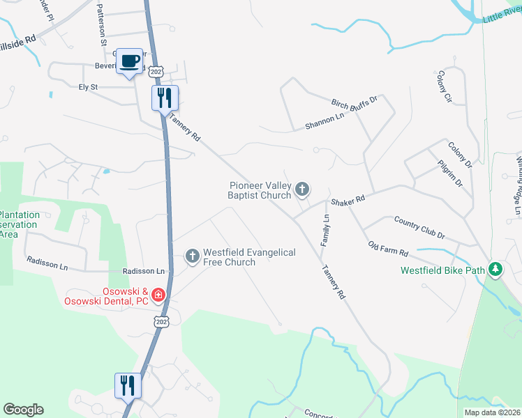 map of restaurants, bars, coffee shops, grocery stores, and more near 91 Tannery Road in Westfield