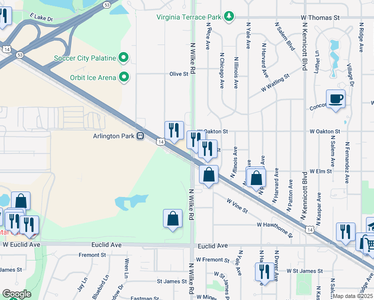 map of restaurants, bars, coffee shops, grocery stores, and more near 1804 East Northwest Highway in Arlington Heights