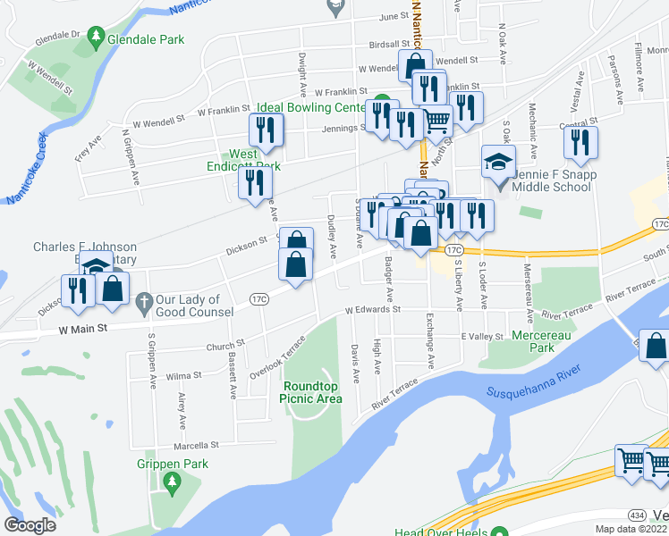 map of restaurants, bars, coffee shops, grocery stores, and more near West Main Street & Hillside Court in Endicott