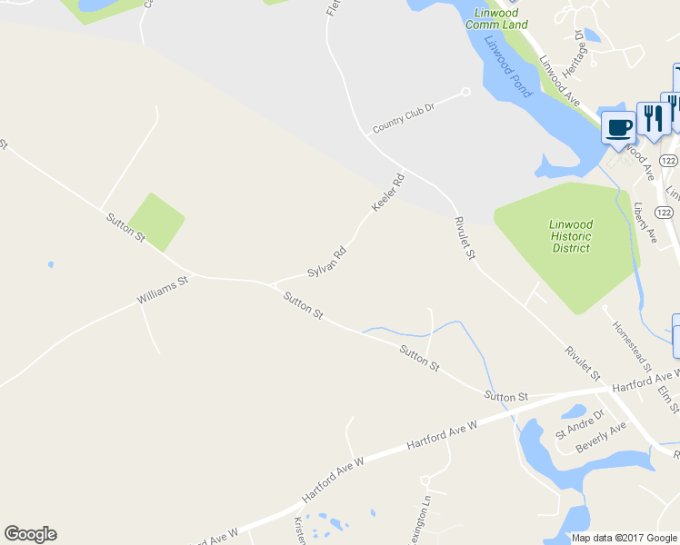 map of restaurants, bars, coffee shops, grocery stores, and more near 41 Sylvan Road in Uxbridge