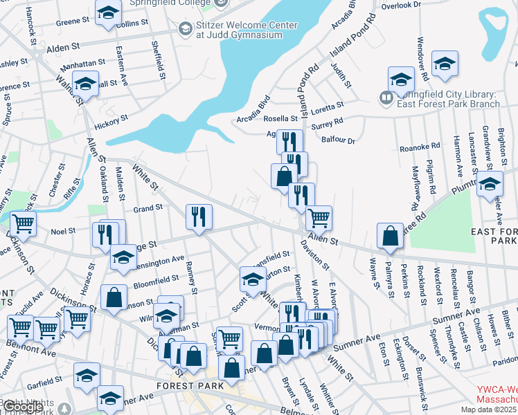 map of restaurants, bars, coffee shops, grocery stores, and more near 17 Amity Court in Springfield