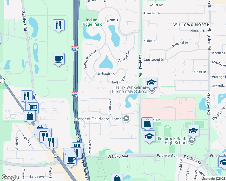 map of restaurants, bars, coffee shops, grocery stores, and more near 2111 Franklin Drive in Glenview