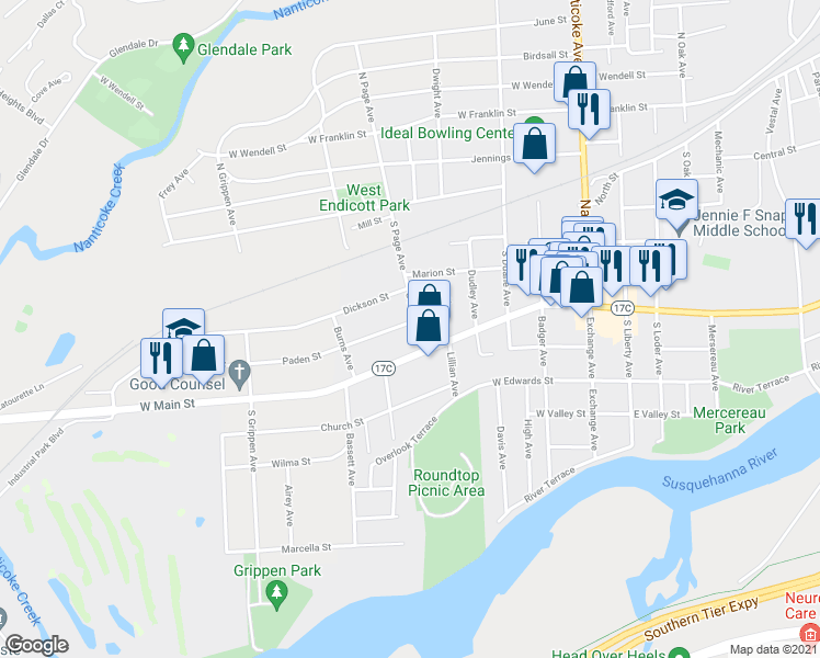 map of restaurants, bars, coffee shops, grocery stores, and more near 502 Paden Street in Endicott