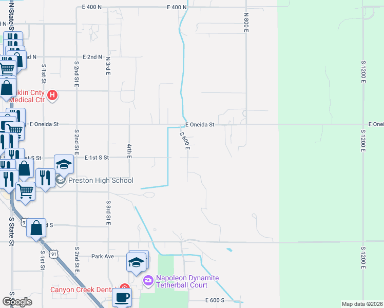 map of restaurants, bars, coffee shops, grocery stores, and more near 619 East 1st South Street in Preston