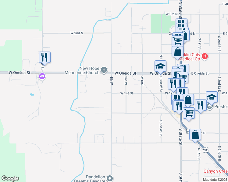 map of restaurants, bars, coffee shops, grocery stores, and more near 90 South 4th West Street in Preston