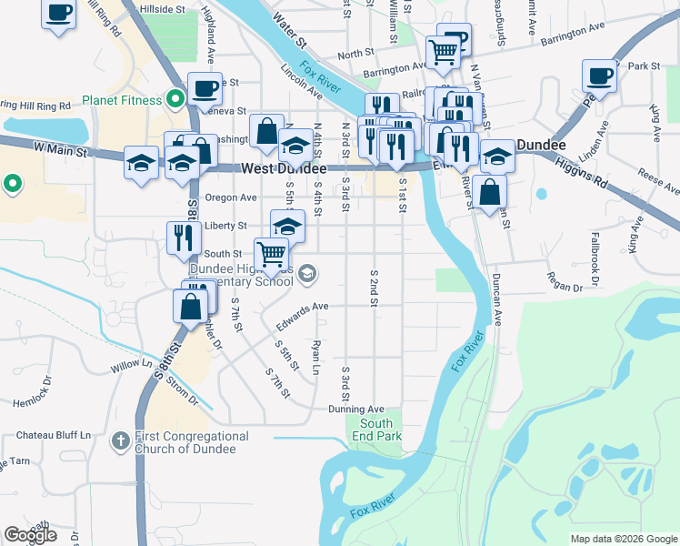 map of restaurants, bars, coffee shops, grocery stores, and more near 413 South 3rd Street in West Dundee