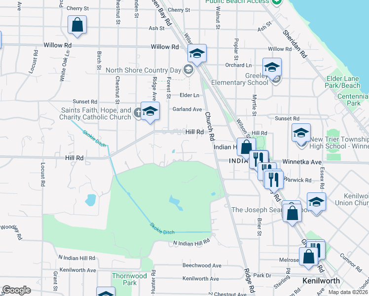 map of restaurants, bars, coffee shops, grocery stores, and more near 3 Indian Hill Road in Winnetka
