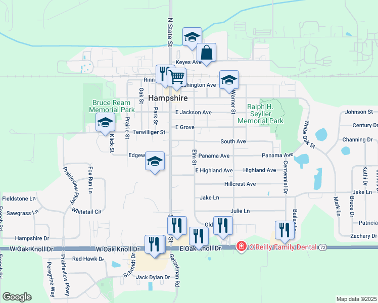 map of restaurants, bars, coffee shops, grocery stores, and more near 182 Panama Avenue in Hampshire