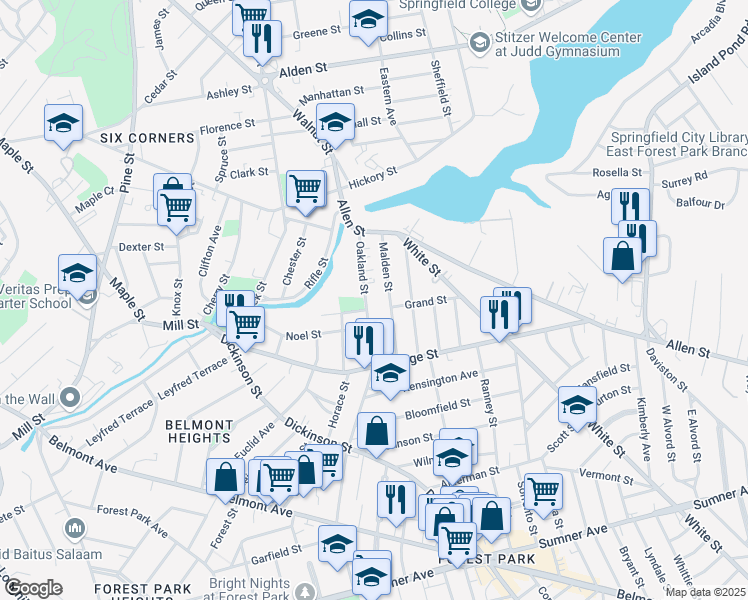 map of restaurants, bars, coffee shops, grocery stores, and more near 347 Oakland St in Springfield