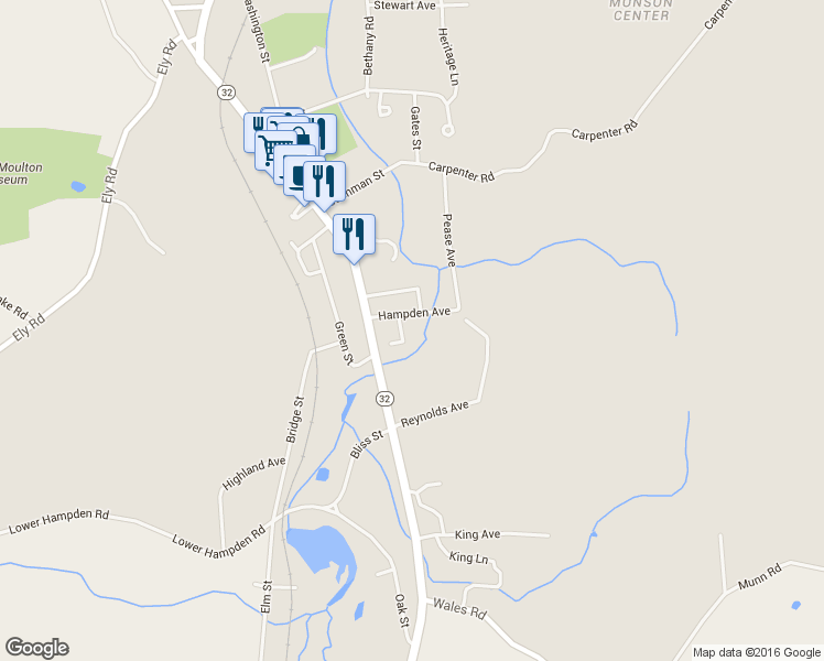 map of restaurants, bars, coffee shops, grocery stores, and more near 6 Hampden Court in Monson