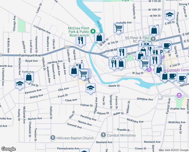 map of restaurants, bars, coffee shops, grocery stores, and more near West 3rd Street in Jamestown