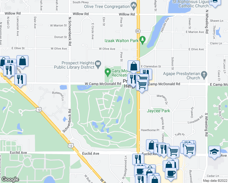 map of restaurants, bars, coffee shops, grocery stores, and more near 1468 North Picadilly Circle in Mount Prospect
