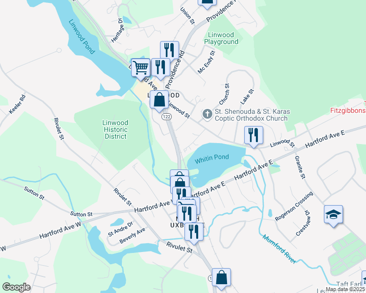 map of restaurants, bars, coffee shops, grocery stores, and more near 35 Maple Street in Uxbridge