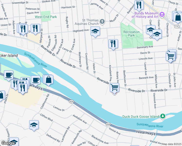 map of restaurants, bars, coffee shops, grocery stores, and more near 222 Riverside Dr in Binghamton