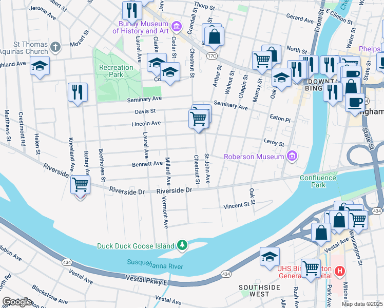 map of restaurants, bars, coffee shops, grocery stores, and more near 25 Chestnut Street in Binghamton