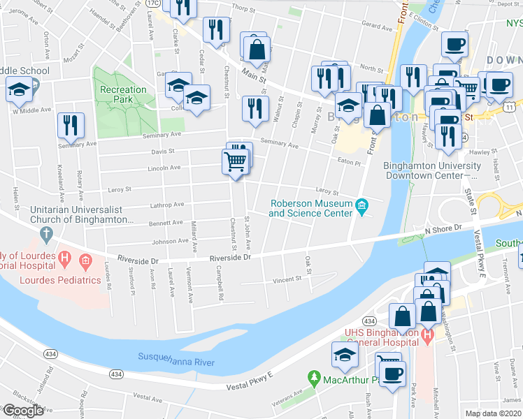 map of restaurants, bars, coffee shops, grocery stores, and more near 22 Ayres Street in Binghamton