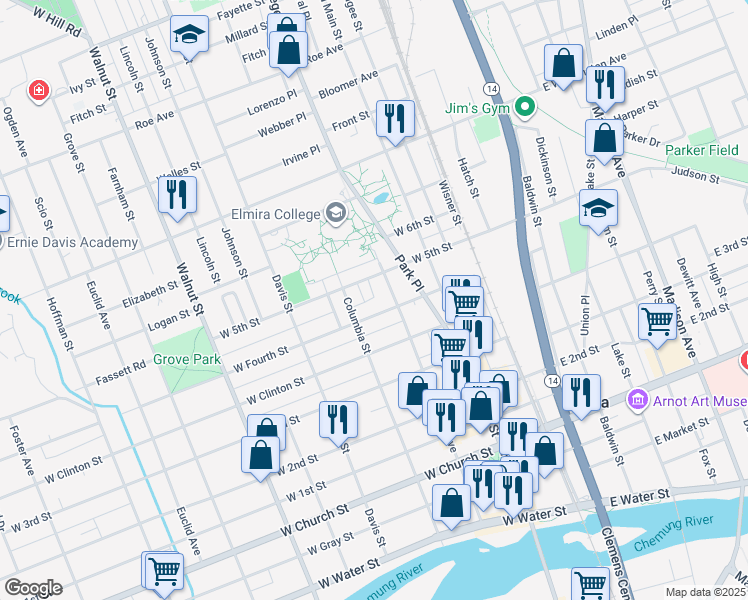 map of restaurants, bars, coffee shops, grocery stores, and more near 310 West Fourth Street in Elmira