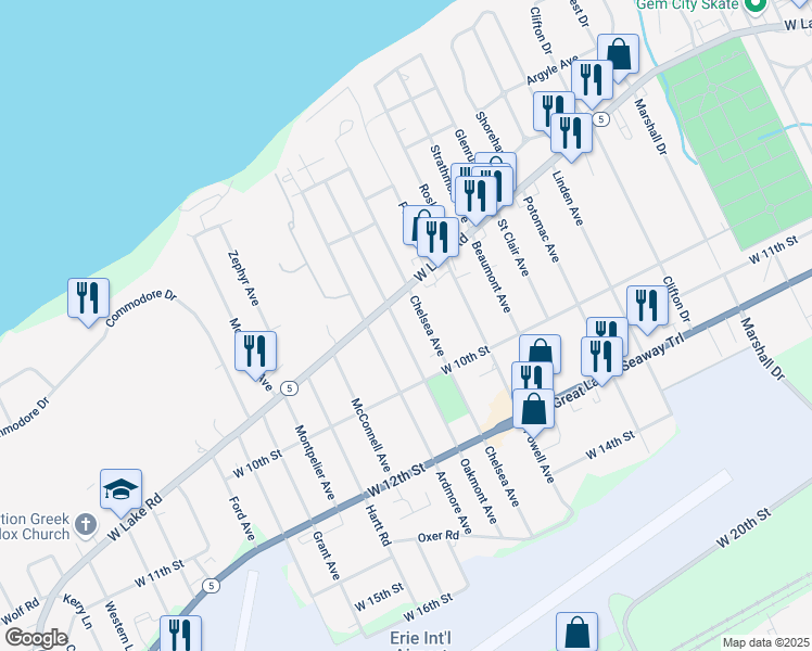 map of restaurants, bars, coffee shops, grocery stores, and more near 819 Oakmont Ave in Erie