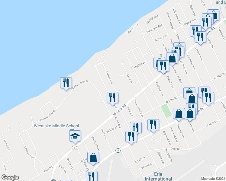 map of restaurants, bars, coffee shops, grocery stores, and more near 632 Zephyr Avenue in Erie