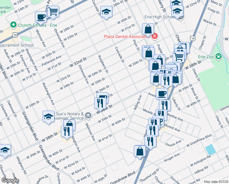 map of restaurants, bars, coffee shops, grocery stores, and more near 1106 W 37th St in Erie