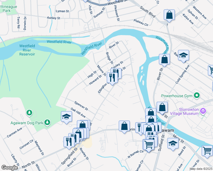 map of restaurants, bars, coffee shops, grocery stores, and more near 15 Ellington Street in Agawam