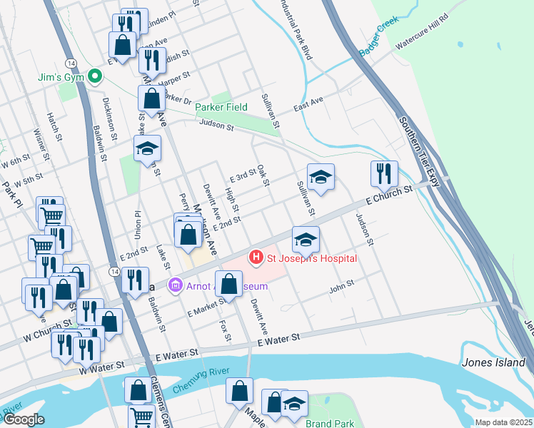 map of restaurants, bars, coffee shops, grocery stores, and more near 316 Washington St in Elmira