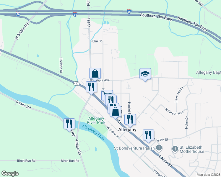 map of restaurants, bars, coffee shops, grocery stores, and more near 68 North 3rd Street in Allegany