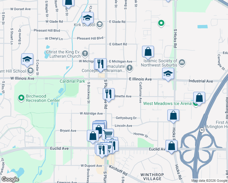 map of restaurants, bars, coffee shops, grocery stores, and more near 61 East Clare Court in Palatine