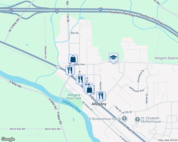 map of restaurants, bars, coffee shops, grocery stores, and more near 68 N 3rd St in Allegany